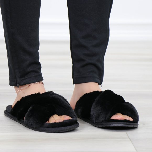 Cross Strap Black Puff Fuzzy Furry Fluffy Slip On Plush Slippers - Picture 6 of 12